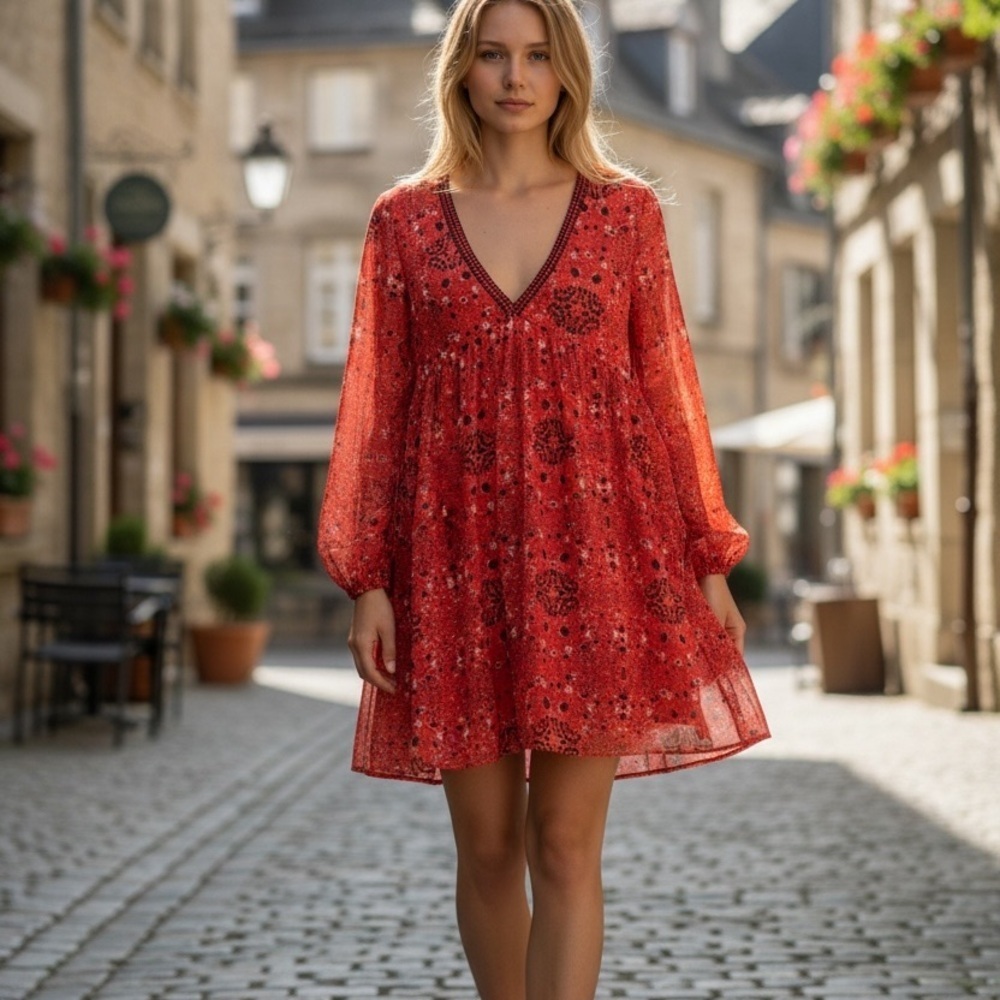 Red Floral V-Neck Long-Sleeve Babydoll Dress